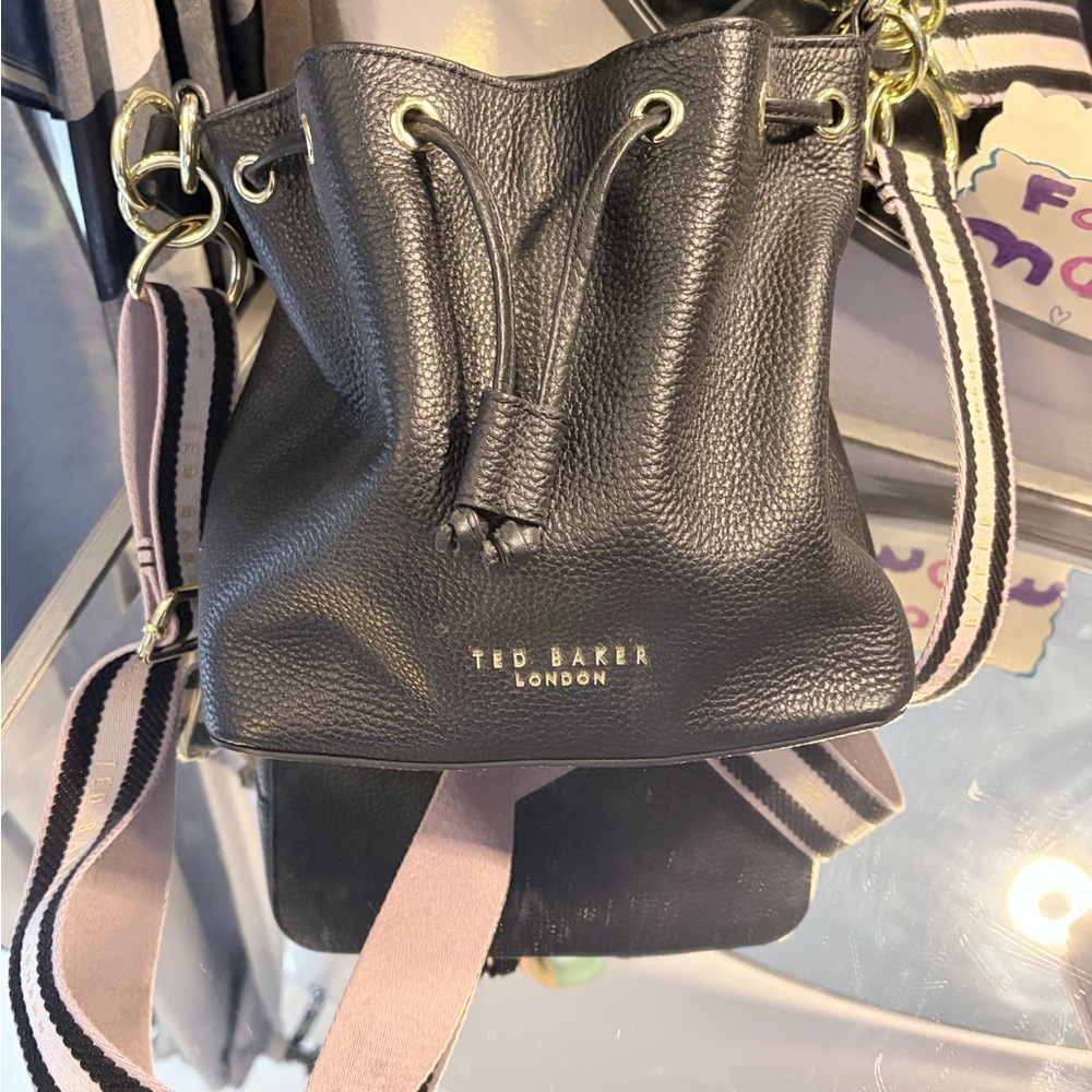 Ted Baker Black Leather Crossbody Bag with Pink Strap